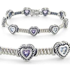 Sterling Silver Bezel-Set Blue Topaz and Amethyst Textured Heart Bracelet by Joolwe