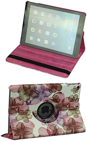 Reediy 360 Degree Rotating Case for iPad Air 2 / iPad Air 6 Flower/ Floral Design PU Leather Pink and Purple with Screen Protector and Stylus Pen