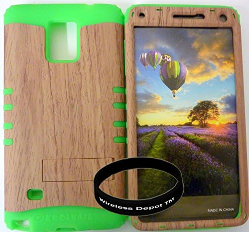 Hybrid Kickstand Protective Rocker KoolCase Cover for Samsung Galaxy Note 4 Wood Hard Plastic Snap On with Lime Soft Silicone Gel (Includes Wireless Depot TM wristband)