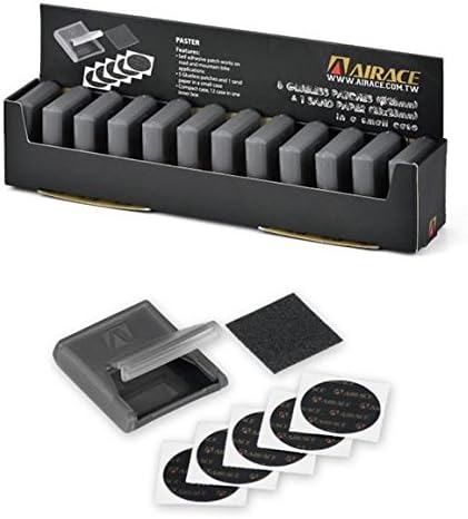 AIRACEUSA Bike Twelve Glueless Tire Tube Patch Repair Kits (1 Box), Each Kit has 5 Patches &amp; 1 Sand Paper Piece, In small Portable Case, AI-AGL-01-12