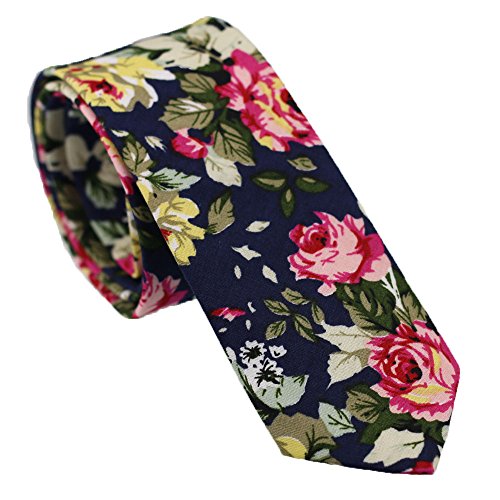 Coachella Ties Cotton Florals Necktie Skinny Tie 6cm (Navy Blue)