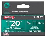 10 Pack Arrow Fastener 206 T20 3/8 Flat Crown All Purpose Staples 1000 per Package