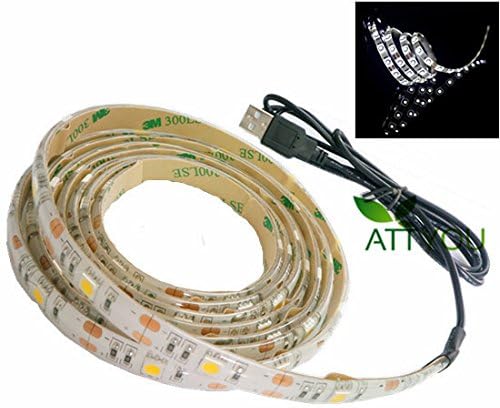 ATTYOU(TM) Pure White Led Strip Waterproof 200cm (6.6Feet) 60leds 5050 Strip Light with 5v USB Cable for TV/PC/Laptop Background Lighting USB-powered