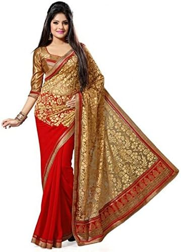 Fab Ikshvaku Red Color Faux Georgette Indian Saree with Unstitched Blouse Piece