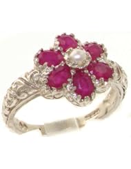 Solid 9K White Gold Natural Ruby & Pearl Victorian Cluster Flower Ring - Finger Sizes 4 to 12 Available