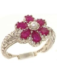 Solid 925 Sterling Silver Natural Ruby & Pearl Victorian Cluster Flower Ring - Finger Sizes 4 to 12 Available