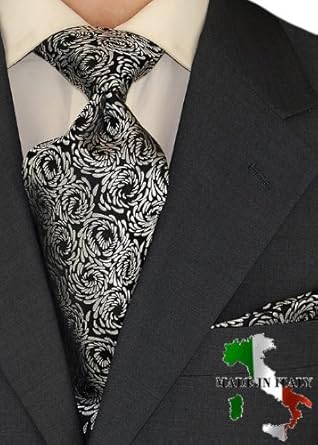 Berioni Hand Made in Italy 100% Woven Silk Mens Neck Tie + Pocket Square Jacquard Woven Tie and Hanky Set Black White E2