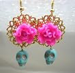 Mexican Flower suagr skull Day of the dead turquoise skull earrings
