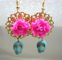 Mexican Flower suagr skull Day of the dead turquoise skull earrings