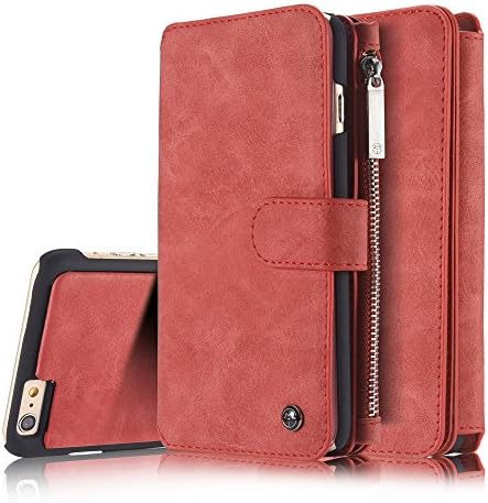 iPhone 6S Wallet case,AIREBO 6S Genuine Leather Wallet Case - Detachable Folio Flip Holster Case Premium Wallet Case with Credit Card and zipper wallet Case - Cash Slots for Iphone 6 / 6S 4.7" - Red