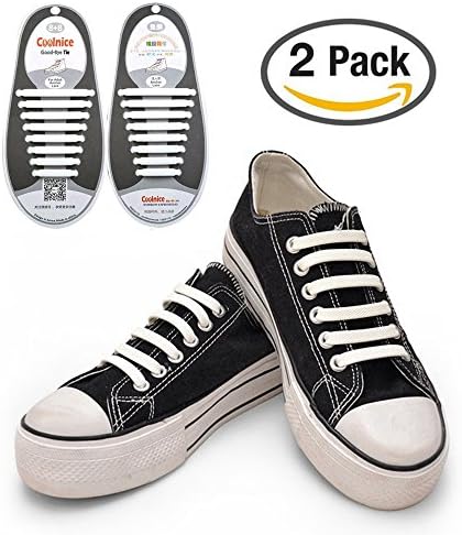 FOTENG 2 Set No Tie Shoelaces for Kids and Adults, Waterproof Silicon Flat Elastic Athletic Running Shoe Laces with Multicolor for Sneaker Boots Board Shoes and Casual Shoes (Adult Size White)