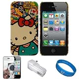 Hello Kitty Travel Sticker Snap On Hard Shell Protector Back Cover Case for Apple iPhone 4S Latest Generation (16GB, 32GB) iPhone 4th Generation Compatible with AT&T Verizon Sprint iPhone 4S + Mirror Screen Protecotr + White USB Wall Charger + SumacLife TM Wisdom*Courage Wristband