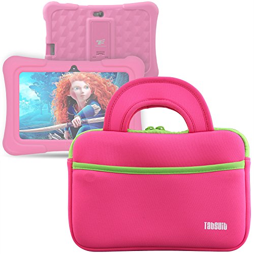 TabSuit 7" Dragon Touch Y88X Plus/Y88X/M7 Kids Tablet, KingPad K77 Tablet Ultra-Portable Neoprene Zipper Carrying Sleeve Case Bag with Accessory Pocket- Pink