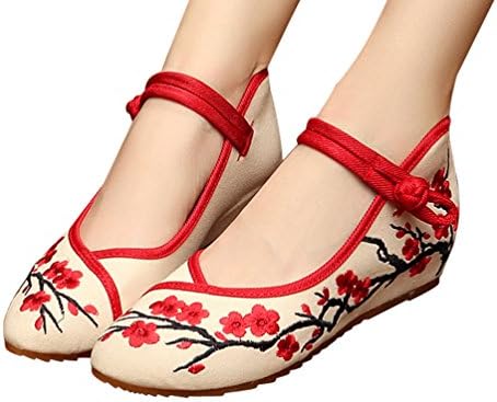 OrenMode Women's Cute Plum Embroidery Pointed Toe Platform Wedges Beige+Red 38 M EU