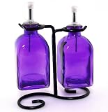 Country Olive Oil & Vinegar Kitchen Dispensers Decorative Bottles 2pc ~ Purple Glass Roman Style Oil Vinegar Bottles with Pour Spout and Black Metal Stand ~ Decorative Liquid Dispensers ~ Pourer ~ Drizzler