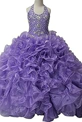 Girls Halter Organza Lace Backless Sequined Crystals Crystal  Floor Length Flower-Girl Dress/Pageant Dress  With Ruffles
