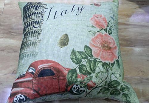 Pl113 Luckyeeh Vintage Italy Car and Floral Pillow Case Cover