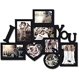 Adeco Decorative Black Wood 8 Openings Decorative Wood ''I Love You'' Collage Wall Hanging Picture Photo Frame, 4x6 in, 4.5x5 in, 3.5x5 in and 4x4 in