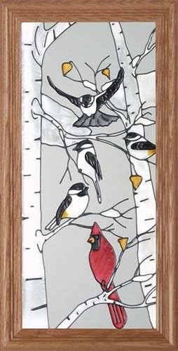 Birds ~ Chickadees & Cardinal in Winter Birch Trees 11.5" Wide x 22.5" High Hand Painted Art Glass Panel