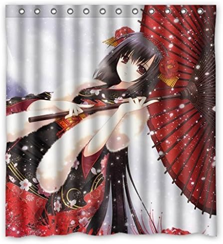 Hello Anime cartoon red umbrella girl 100% waterproof polyester Shower Curtain Rings Included Measure 66x72 inches