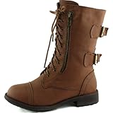 Women's Combat Military Cowboy Mid Calf Rubber Sole Lace up Ankle Buckles Strap Stean Punk Round Toe Flat Heel Motorcycle Casual Combat Boots Fashion Designer Comfort Shoes,8.5 B(M) US,Tan (Zipper w/ Belt)