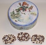 Scott's Cakes 1 lb. Milk Chocolate Covered Pretzel with Chocolate Chips & White Chocolate Chips in a Classic Snowman Tin