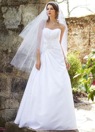 David's Bridal Wedding Dress: Satin Side Draped Gown With Beaded Lace Appliques Style Wg3464