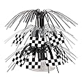 Club Pack of 12 Black and White Checkered Flag Mini Cascade Party Table Centerpiece