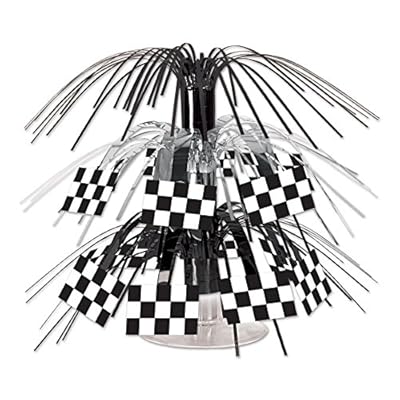 Club Pack of 12 Black and White Checkered Flag Mini Cascade Party Table Centerpiece