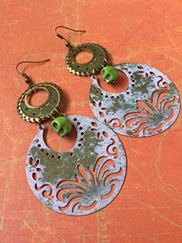 Pink and Green Distressed Filigree Skull Statement Earrings