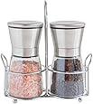 Salt and Pepper Shakers with Matching Stand - Salt and Pepper Grinders - Spice Grinder with Adjustable Coarseness - Brushed Stainless Steel Salt and Pepper Mill Pair