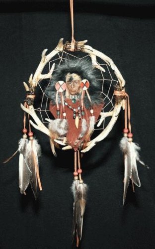 Antler Dreamcatcher with Raised Native American and Hanging Feathers
