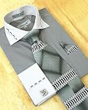 Fratello Charcoal Grey/Silver Grey with Dash Design Dress Shirt/Tie/Hanky Set