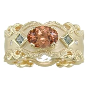 14KT Imperial Zircon, Green Sapphire and Diamond Etruscan Ring by The Judy Mayfield Collection