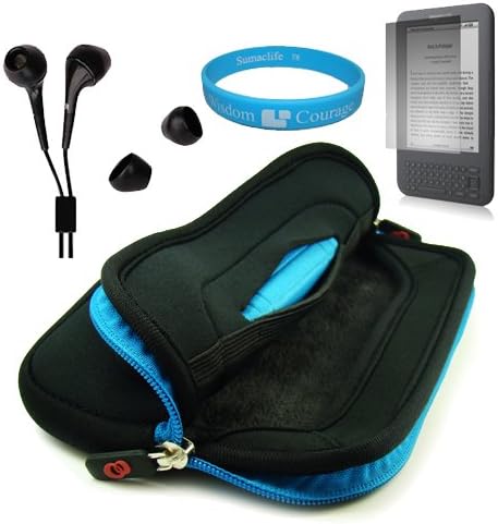 Blue Premium Durable Jet Neoprene Protective Glove Sleeve Case Cover for Amazon Kindle 3 Wireless Reading Device 3G Wi-Fi 6 inch Display + Clear Screen Protector for Amazon Kindle 3G Wi-Fi + Hi-Fi Noise Reducing Earbuds / Headphones + SumacLife TM Wisdom Courage Wristband