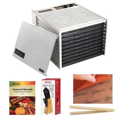 Excalibur 9 Tray Large Food dehydrator with 26 hour Timer + Preserve It Naturally Book + Paraflexx Premium Sheets 14X14 + Knife Set 7PC with Pine Block + Bamboo Toast Tong - 6.5 Inch Long