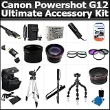 Ultimate Accessory Kit For The Canon Powershot G12 digital Camera Includes Extended Replacement NB-7l (1300 mAH) Battery + Ac/Dc Rapid Travel Charger + 50" Pro Tripod + HD Wide Angle Lens + 2X Telephoto + 3pc High Res Filter Kit + Much More