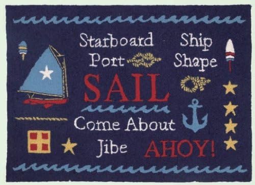 Sail Boat Area Floor Hook Rug Blue with Nautical Designs 34 Inch X 47 Inch