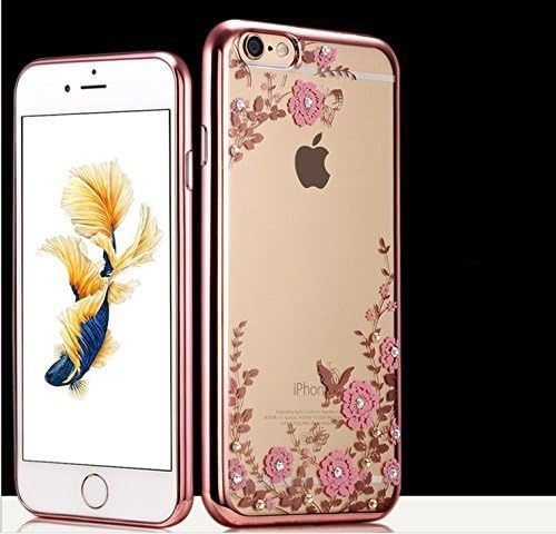 iPhone 6 Plus/6s Plus Crystal TPU soft Case,Emey Fashion Transparent Hard PC + TPU Graden Flower Case with Original Swarovski Element for iPhone 6 Plus/6s Plus 5.5 Inch (rose gold+pink)