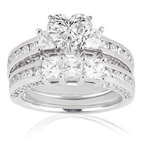 3 Ct Heart Shape 3 Stone Diamond Bridal Rings Set SI2-F