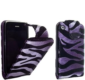 FOR APPLE IPHONE 3 3G 3GS STYLISH BLACK AND LILAC EMBOSSED ZEBRA PRINT LEATHER FLIP CASE COVER POUCH