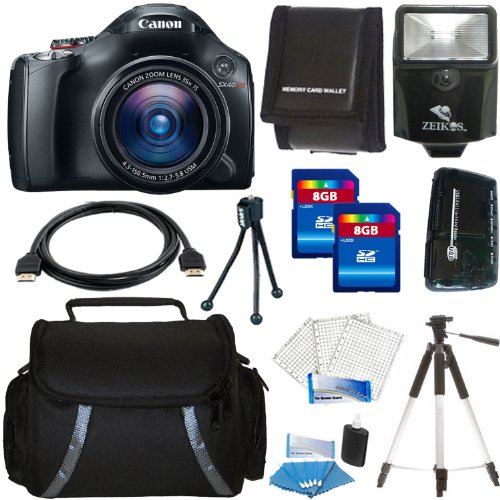 Canon SX40 HS 12.1MP Digital Camera with 35x Wide Angle Optical Image Stabilized Zoom and 2.7-inch Vari-Angle Wide LCD + Digital Flash + Camera Case + Aluminum Tripod + 16GB Deluxe Accessory Kit