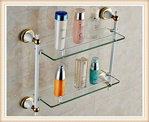 YIT Double Bathroom Glass Shelf with Two White+Gold Finish Brackets Brass made Toughened Safety Mounted Glass shelf