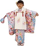 七五三 着物　三歳　着物セット 3歳用刺繍被布７点セット 水色地 桜にもみじと菊【被布/純白に手鞠と桜の刺繍】