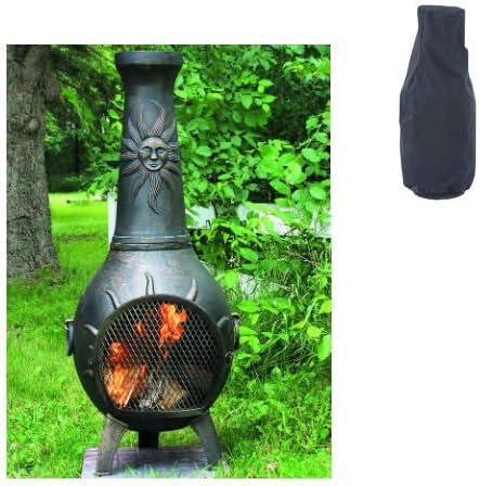 Blue Rooster Sun Ray Style Wood Burning Outdoor Metal Chiminea Fireplace Gold Accent Color with Small Black Cover