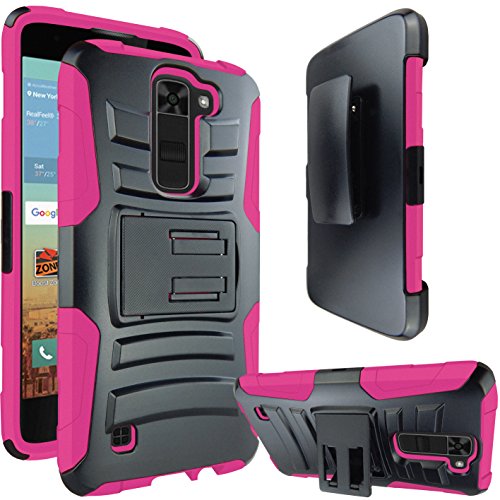 LG K7 Case, LG Tribute 5 Case, ATUS-- Heavy Duty Dual Layer Holster Case Kick Stand with Locking Belt Swivel Clip with Screen Protector and Stylus Pen (BLACK/PINK)