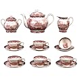 Set of 15 Red and White Porcelain Tea Set