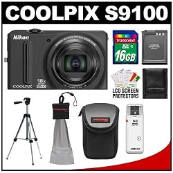 Nikon Coolpix S9100 12.1 MP Digital Camera (Black) with 16GB Card + Battery + Case + Tripod + Accessory Kit