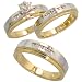 14k Gold Trio 3-piece His (6mm) & Hers (5mm) Wedding Band Set w/ Rhodium Accent, w/ 0.42 Carat Brilliant Cut Diamonds; (Men`s Size 9 to 12; Ladies` Size 6 to 8)