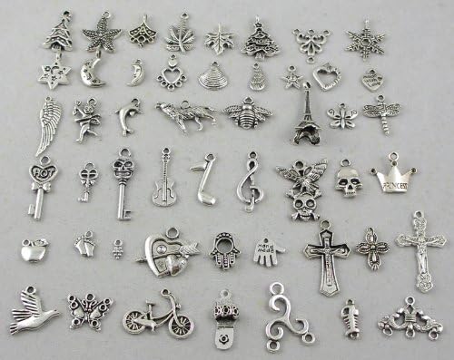 MKPLY 50pcs Jewelry Handmade Supplies Lots Tibetan Silver Plated Mixed Pendants Charms